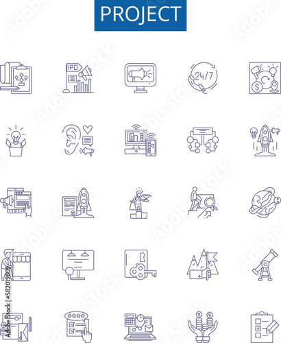 Project line icons signs set. Design collection of Development, Planning, Management, Construction, Planning, Implementation, Design, Delivery outline concept vector illustrations