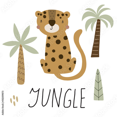 Vector illustration with cute jaguar surrounded by tropical plants and jungle inscription for your design