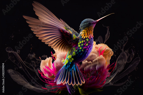  Hummingbird sitting on the flower. Generative AI. © EwaStudio
