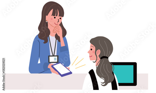 レジでスマートフォンを差し出す女性のイラスト

