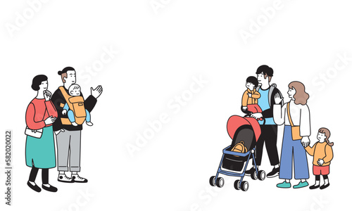 子供連れの夫婦のシンプルなイラスト
