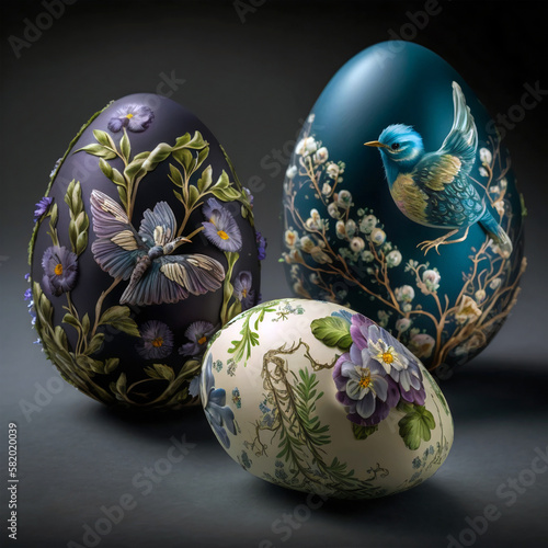 Painted easter eggs with ornaments, chocolate eegs, still life.