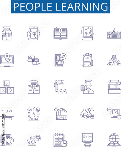 People learning line icons signs set. Design collection of Studying, Educating, Instructing, Training, Tutoring, Scholaring, Apprenticing, Coaching outline concept vector illustrations