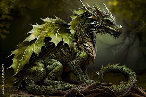 Green wooden dragon symbolizing 2024. New year and Christmas concept presented by a green wooden dragon. Generative AI