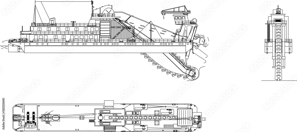 Vector illustration sketch of industrial oil prospector mine ship