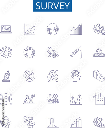 Survey line icons signs set. Design collection of Questionnaire, Poll, Research, Assessment, Data, Study, Analysis, Inquiry outline concept vector illustrations
