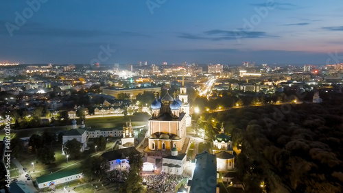 Ryazan, Russia. Night flight. Ryazan Kremlin - The oldest part of the city of Ryazan. Cathedral of the Assumption of the Blessed Virgin Mary, Aerial View © nikitamaykov
