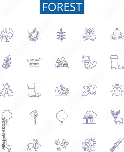 Forest line icons signs set. Design collection of Woodland, Trees, Jungle, Grove, Bush, Greenery, Glade, Canopy outline concept vector illustrations