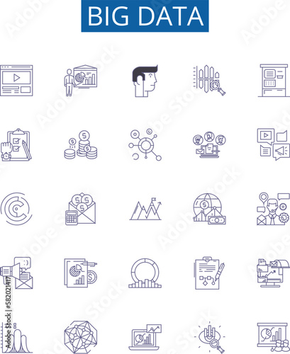 Big data line icons signs set. Design collection of Analytics, Storage, Predictive, Mining, Hadoop, Cloud, AI, Processing outline concept vector illustrations photo