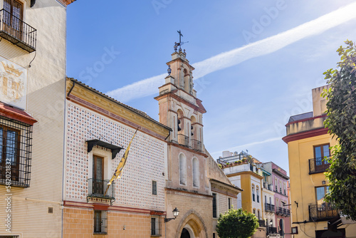 Facade of the Church of Santa Maria la Blanca in old city center of  Seville, Andalusia, Spain. Text HAC EST DOMUS DEI ET PORTA COELI 1741 means THIS IS THE HOUSE OF GOD AND THE GATE OF HEAVEN 1741 photo