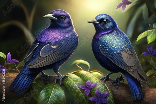 Design of two colorful Purple Martin bird in the Jungle. Ultra realistic. High resolution.
