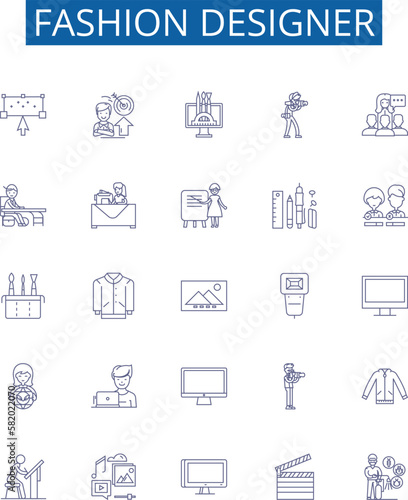 Fashion designer line icons signs set. Design collection of Designer, Couturier, Clothes, Garment, Outfit, Runway, Apparel, Needlework outline concept vector illustrations