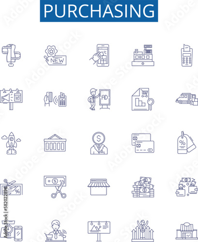 Purchasing line icons signs set. Design collection of Buy, Acquire, Obtain, Shop, Shop for, Invest in, Bargain, Finance outline concept vector illustrations