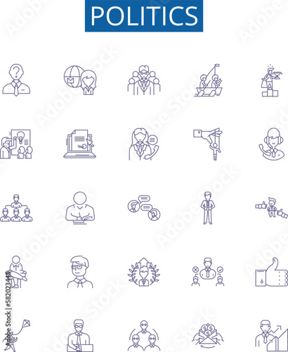 Politics line icons signs set. Design collection of Politics, Governance, Diplomacy, Statecraft, Election, Legislation, Policy, Executive outline concept vector illustrations photo