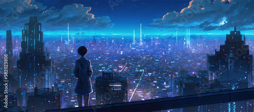 City Night Scenery. Clear Sunny day, Sky with Movie Atmosphere and Wonderful Cloud, Beautiful Colorful Landscape, Anime Comic Style Art. For Poster, Novel, UI, WEB, Game, Design © Uomi