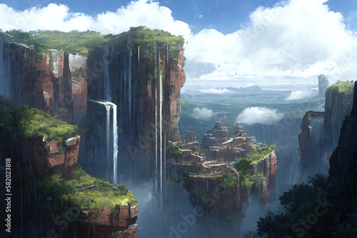 Journey at Wild Nature. Clear Sunny day  Sky with Movie Atmosphere and Wonderful Cloud  Beautiful Colorful Landscape  Anime Comic Style Art. For Poster  Novel  UI  WEB  Game  Design