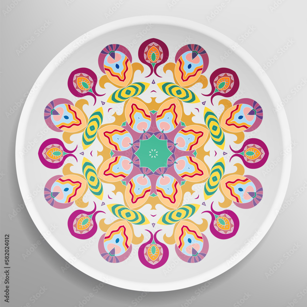 Decorative plate with round ornament in ethnic style. Mandala circular abstract geometric floral pattern. Fashion background with ornate dish. Interior home decor, vector illustration