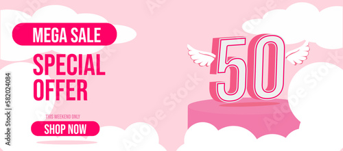 50 percent Mega Discount sale Colorful minimal pink vector illustration banner