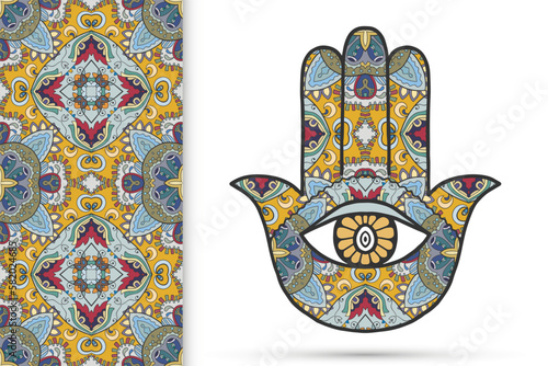 Boho hamsa hand  protection amulet  symbol of strength and happiness with seamless geometric pattern. Abstract graphic background  vertical floral doodle pattern  vector illustration