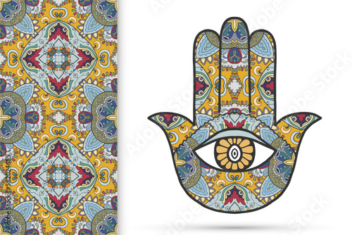 Boho hamsa hand, protection amulet, symbol of strength and happiness with seamless geometric pattern. Abstract graphic background, vertical floral doodle pattern, vector illustration