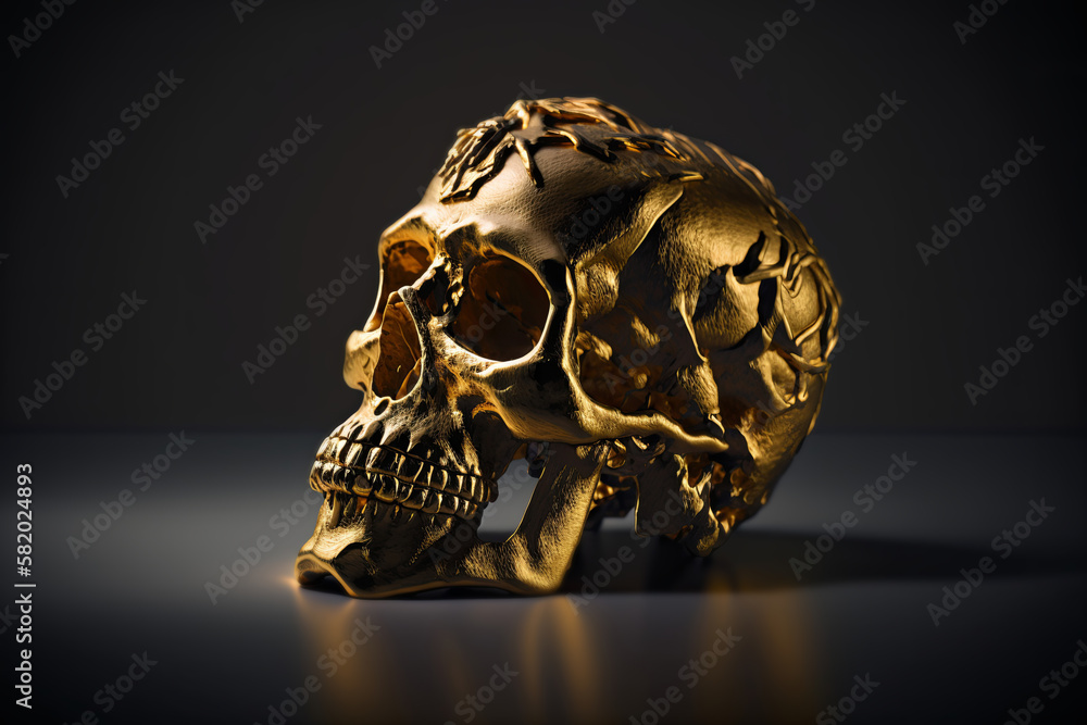 Fototapeta premium Gold skull isolated in black created with a generative ai technology
