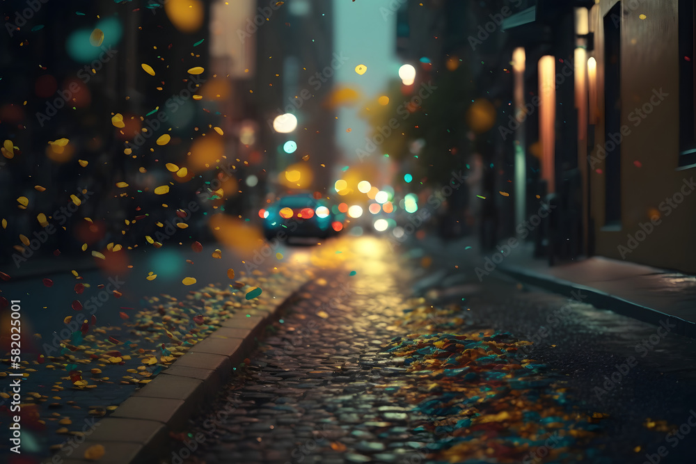 Colorful confetti on the street. Generative AI Colorful confetti on the street. Generative AI