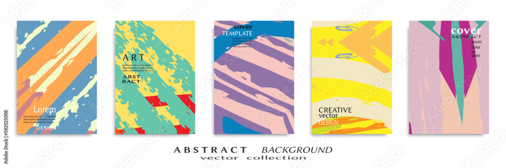 Abstract backgrouns set, grunge texture. Minimalistic art, brush strokes style. Design for card, brochure, banner idea, book cover, booklet print, flyer sheet a4. Collage page, web header template.