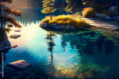 Crystal clear water capturing the beauty of a sun-kissed lake . Generative AI