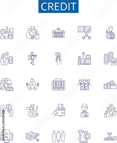 Credit line icons signs set. Design collection of Credit, Loan, Money, Card, Bank, Finance, Rate, Borrow outline concept vector illustrations