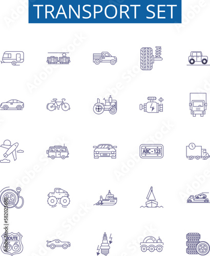 Transport set line icons signs set. Design collection of Vehicles, Planes, Boats, Trains, Buses, Coaches, Vans, Taxis outline concept vector illustrations