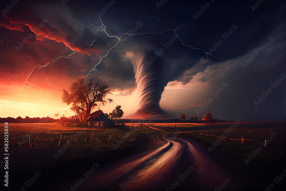 Dramatic Storm at Sunset with Tornado and Sheet Lightning. Generative AI