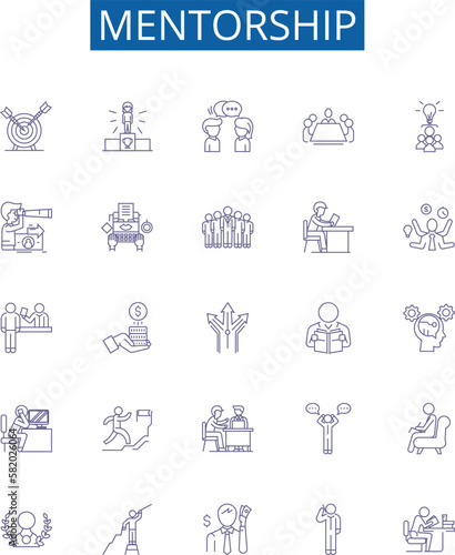 Mentorship line icons signs set. Design collection of Mentor, Mentorship, Guidance, Tutelage, Coaching, Supervision, Advisement, Support outline concept vector illustrations