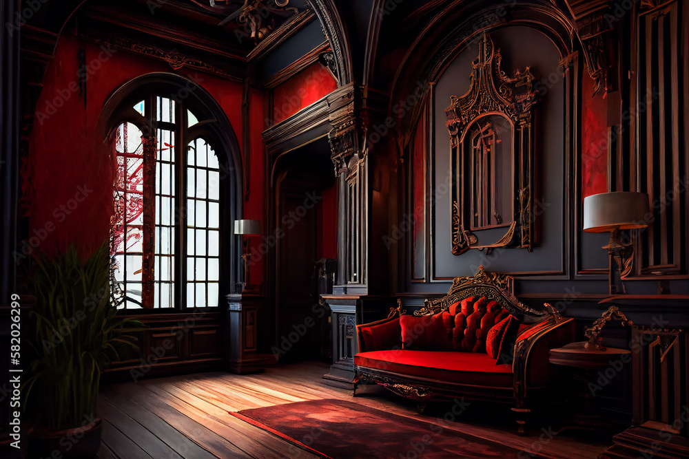 Elegant Gothic Exclusive Room with Red and Black Color Scheme and Beautiful Woodwork. Generative AI