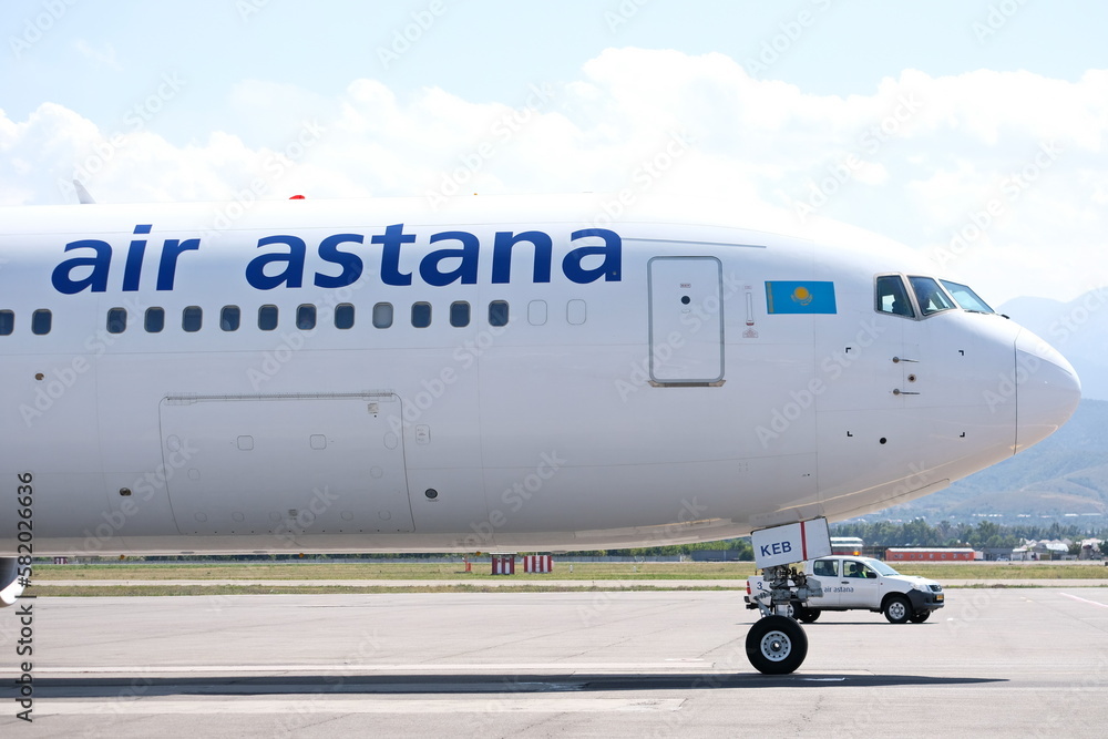Almaty / Kazakhstan 08.27.2018 The nose, windows and cockpit of the