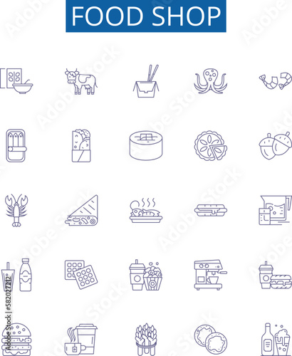 Food shop line icons signs set. Design collection of Takeaway, Delicatessen, Pantry, Grocery, Bistro, Restaurant, Diner, Eatery outline concept vector illustrations photo
