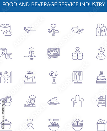 Food and beverage service industry line icons signs set. Design collection of Dining, Beverage, Cuisine, Catering, Snacks, Bars, Restaurants, Banqueting outline concept vector illustrations