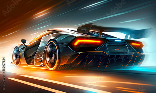 Luxury sport car at night city ride. Postproducted generative AI illustration.