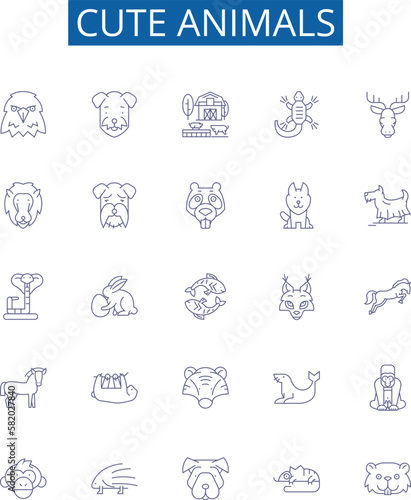 Cute animals line icons signs set. Design collection of Furry, Kittens, Pups, Fluffy, Puppy, Cuddly, Bear, Bunny outline concept vector illustrations