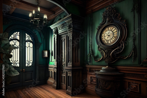 Gothic Scary Exclusive Interior.  Dreadful Appalling Unique Room with Ornamental Woodwork in Green and Black. Generative AI