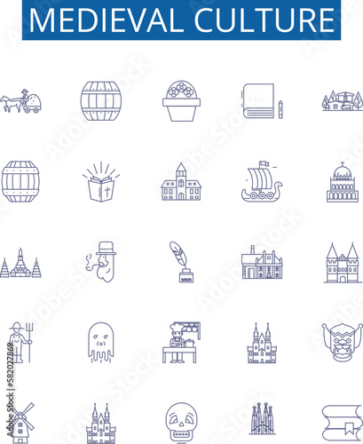 Medieval culture line icons signs set. Design collection of Knights, Chivalry, Feudalism, Monarchy, Heraldry, Castles, Courts, Religion outline concept vector illustrations