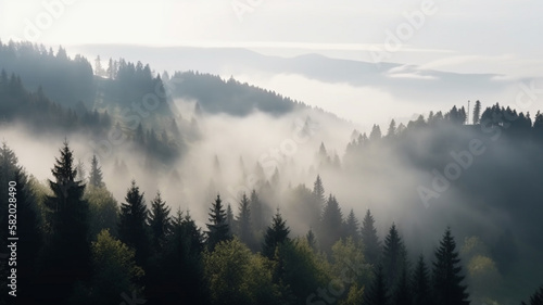 Misty mountain forest landscape in the morning © Ployker