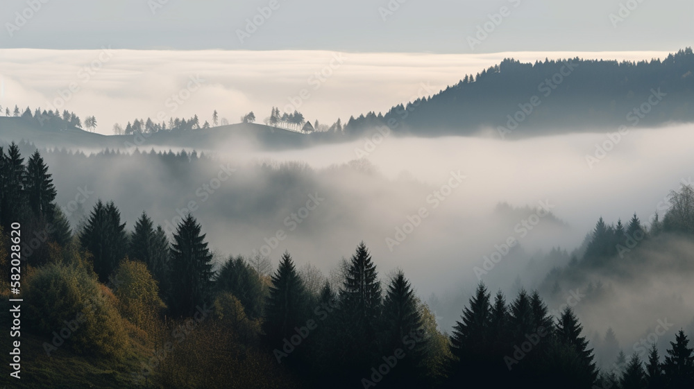 Misty mountains with fir forest in fog, foggy trees in morning light