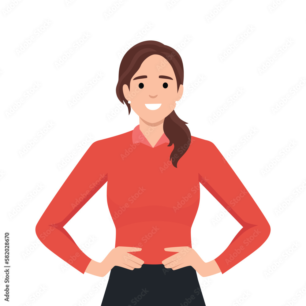 Young cheerful woman keeping hands on her hips. Bright girl smiling, looking straight and confident. Female portrait, joyful happy face Young cheerful woman keeping hands on her hips. Bright girl smiling, looking straight and confident. Female portrait, joyful happy face