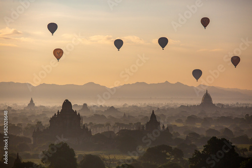 Flying hot air balloons in Bagan, Myanmar