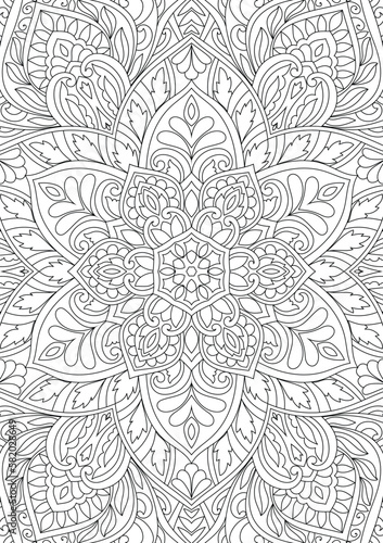 Decorative detailed mandala coloring book page illustration