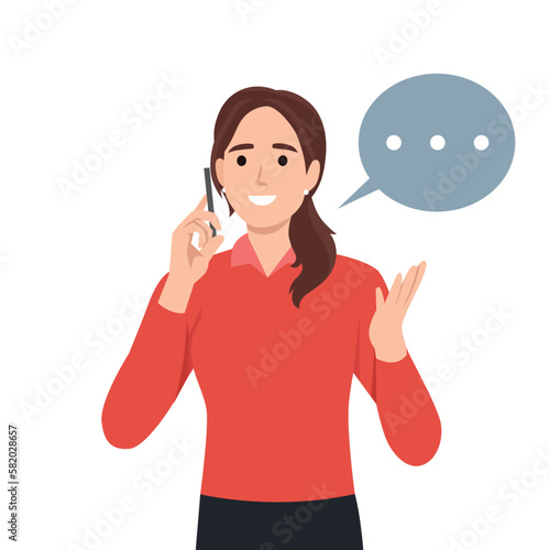 Young woman Jane talking phone, calling by telephone. Communication and conversation with smartphone concept