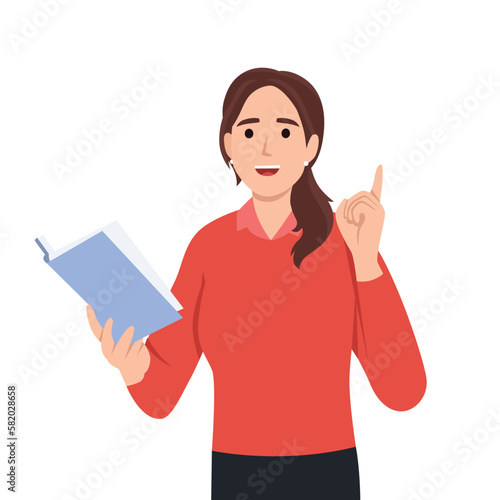 Teacher woman with open book. Teaching school professor