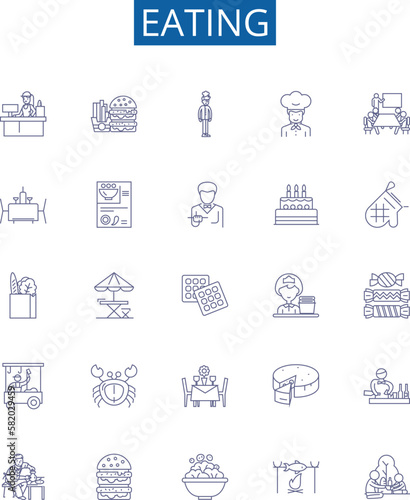 Eating line icons signs set. Design collection of Munching, Scoffing, Chewing, Binging, Nourishing, Nibbling, Bolting, Savouring outline concept vector illustrations