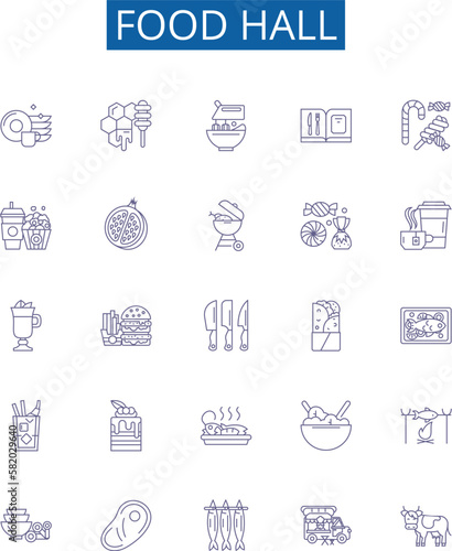 Food hall line icons signs set. Design collection of Cafeteria, Delicatessen, Restaurant, Bistro, Eatery, Stall, Cuisine, Deli outline concept vector illustrations