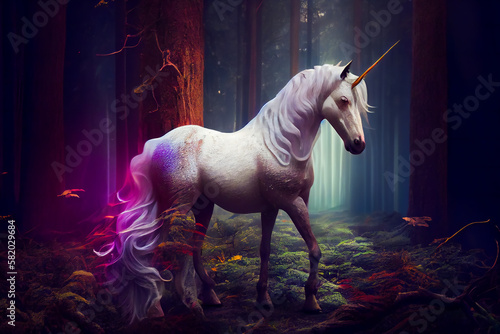 Majestic Unicorn in a Dreamy Forest. Generative AI